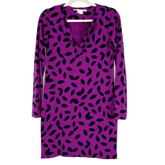 DIANE VON FURSTENBERG Reina Mini Dress Long Sleeve Purple Sheath Silk Size 4 DVF - Picture 2 of 12
